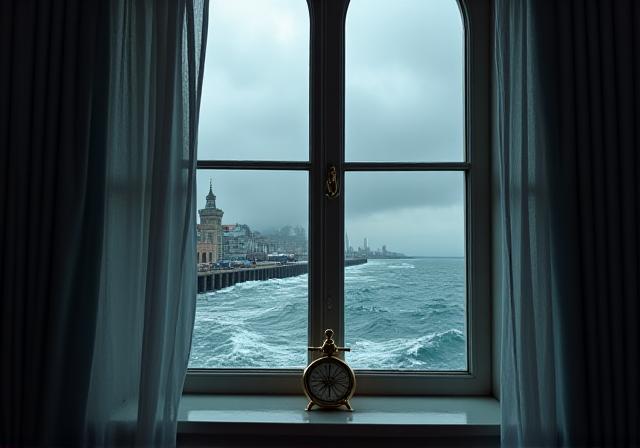 A stormy sea at a distance visible through an office window