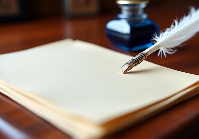 Stacked legal documents and a quill pen on a desk